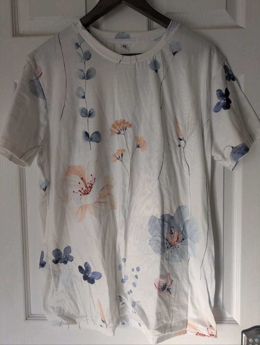 Women's Watercolor Floral Short Sleeve Tee - White with Blue & Peach Flowers